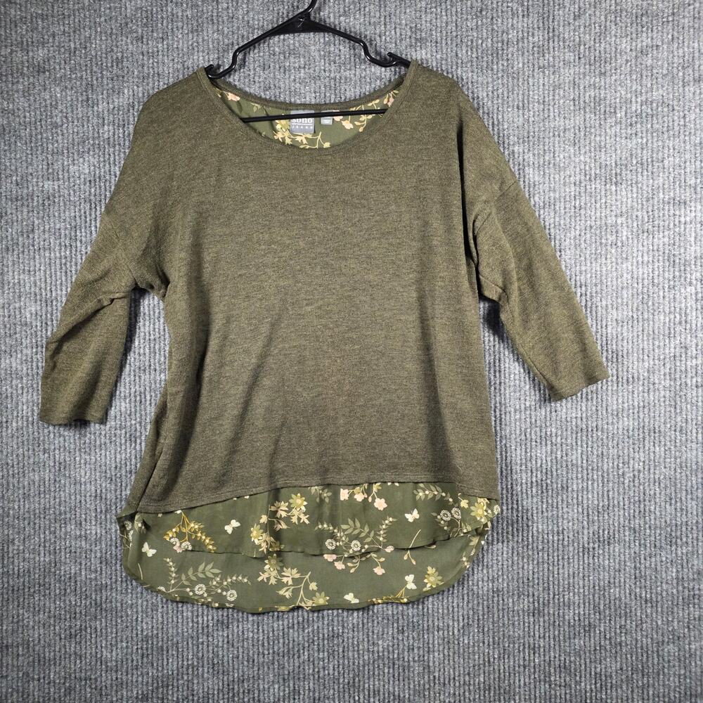 Soho Jeans Womens Large Olive Top Layered Floral Hem Zip Front‎